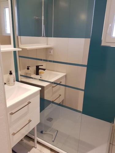 une salle de bain avec une douche, un lavabo et un miroir dans l'établissement Appartement T3 vue sur Golf, au Cap d'Agde