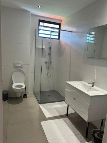 a white bathroom with a sink and a toilet at Magnifique T3 in Cayenne