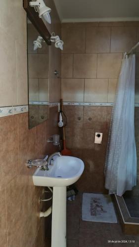 a bathroom with a sink and a shower at Punto Sur Departamentos in Tandil