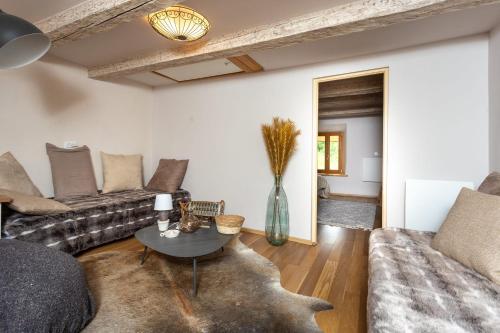 un salon avec un canapé et une table dans l'établissement L'écrin de Brévardière, à Saint-Pierre-de-Chartreuse