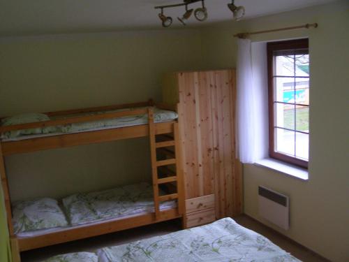 een slaapkamer met twee stapelbedden en een raam bij Rodinné Apartmány in Deštné v Orlických horách