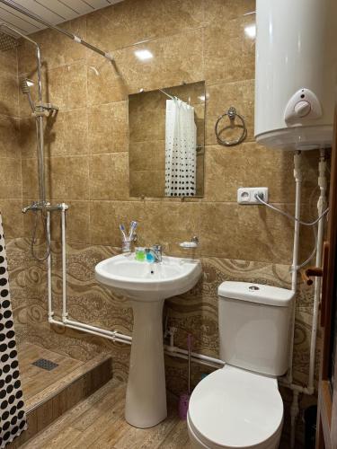 a bathroom with a toilet and a sink and a shower at Hotel Oasis in Kapan