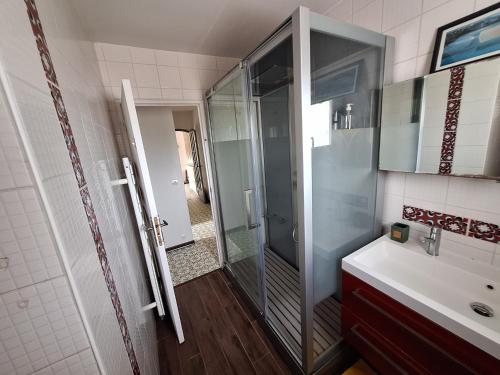 une salle de bain avec douche et lavabo dans l'établissement Hacienda, à Carcassonne