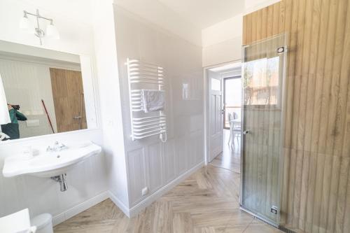 a bathroom with a shower and a sink and a mirror at Widokowa Osada in Międzylesie