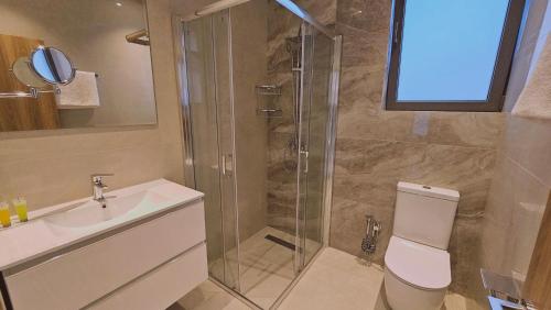 a bathroom with a shower and a toilet and a sink at STAY Oasis Luxury Villas in Ayia Napa