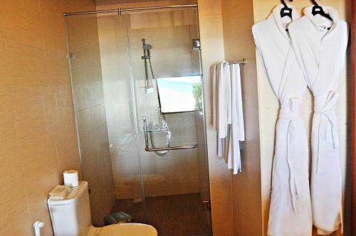 a bathroom with a shower and a toilet at The Beach Cabanas Retreat & Spa in Koggala