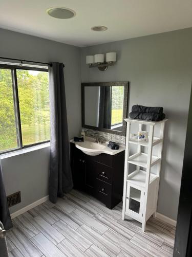 a bathroom with a sink and a mirror at Beautiful home with mountain top views with an EV and NEMA connection!! in Poughkeepsie