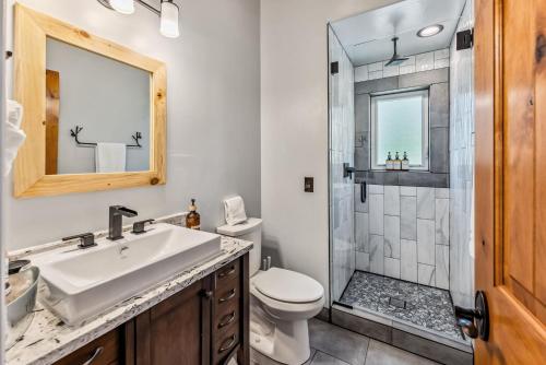 a bathroom with a toilet and a sink and a shower at Custom 2BR & Loft Home, with Hot Tub & Stunning Views in Alma