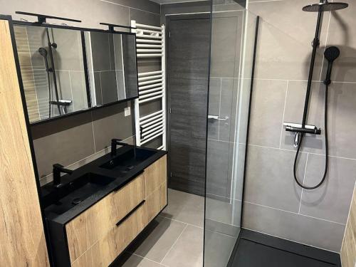 a bathroom with a glass shower and a sink at Sauna et SPA en rez-de-jardin au pied de la montagne in Buhl