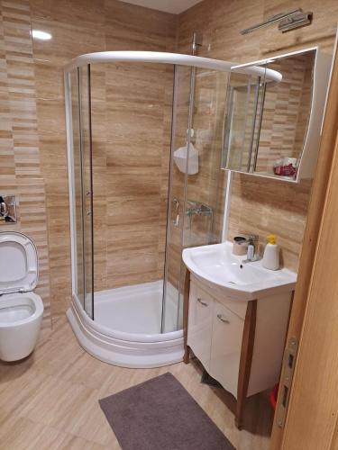 a bathroom with a shower and a toilet and a sink at CENTRUM APARTMENT Zlatibor in Zlatibor