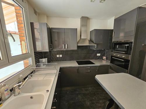 une cuisine avec un évier et une cuisinière four supérieur dans l'établissement Maison spacieuse aux portes de Paris, à Montreuil