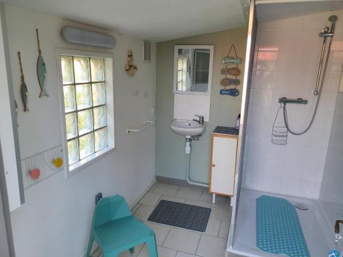 La petite salle de bains est pourvue d'une douche et d'un lavabo. dans l'établissement Villa " Rosina ", à Fort-Mahon-Plage
