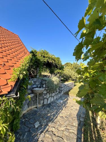 a stone retaining wall next to a house at Vineyard escape Šuklje in Metlika