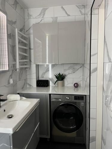 a kitchen with a washing machine and a sink at S&M Villa Kolobrzeg in Kołobrzeg