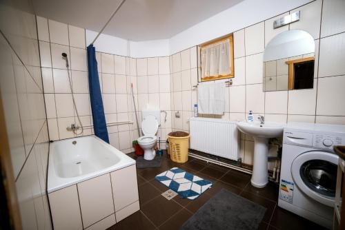 a bathroom with a sink and a tub and a toilet at Vivien vendégház in Borzont