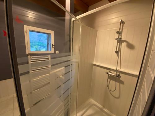 Un baño con ducha con puerta de cristal. en Chalet L'Arbizon Campan, en Campan