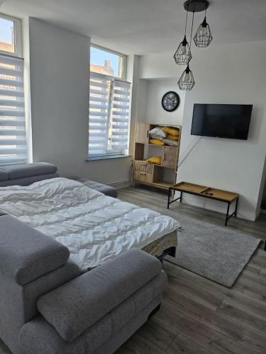 a bedroom with a bed and a flat screen tv at Ma location plage dunkerque in Dunkerque