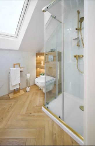 a bathroom with a glass shower and a toilet at Domek wśród sosen in Borsk