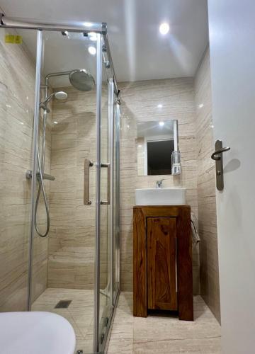 une salle de bain avec douche et lavabo dans l'établissement Studio des Tuileries, à Paris