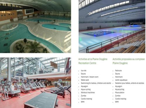 un collage de photos d'une piscine et d'une salle de sport dans l'établissement Lovely house with free Paris parking Baby friendly, au Mesnil-Amelot