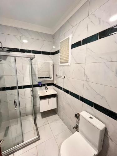 un bagno con doccia, WC e lavandino di Safderun Ortakoy House a Istanbul