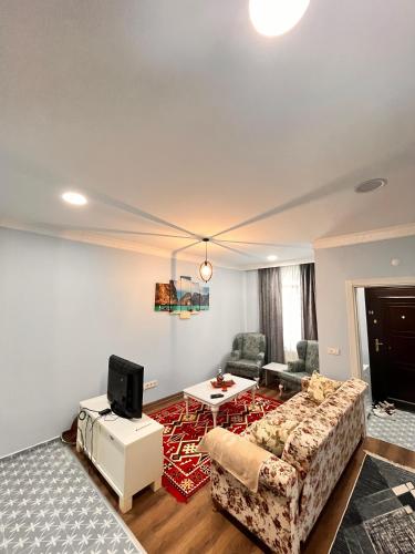 un soggiorno con un divano e una TV di Safderun Ortakoy House a Istanbul