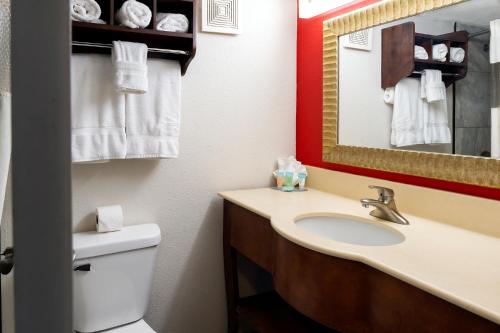 a bathroom with a sink and a toilet and a mirror at American Inn & Suites in Ferndale