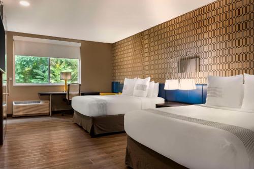 a hotel room with two beds and a desk at GLo Hotel Asheville-Blue Ridge Parkway in Asheville