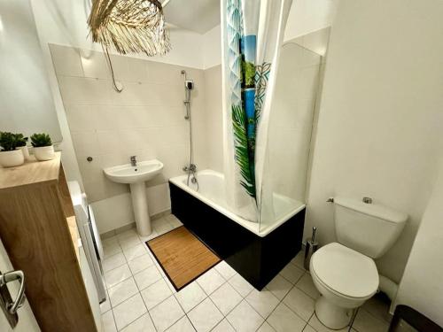 une salle de bain avec une douche, des toilettes et un lavabo dans l'établissement Charmant 2 pièces à Longjumeau, à Longjumeau