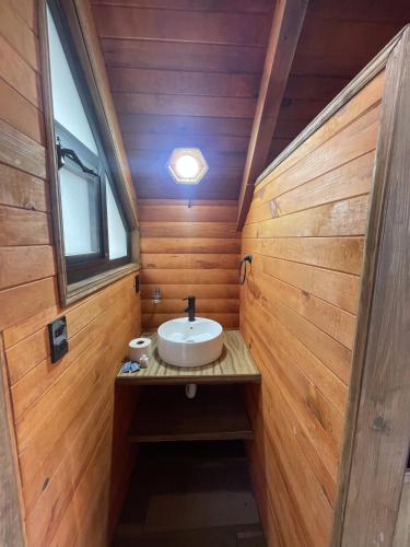 a bathroom with a sink in a wooden room at La Nubecita in Mazamitla