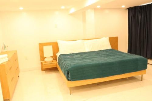 a bedroom with a bed with a green blanket at Luxury king bed parking & washer in Schenectady