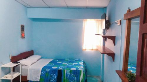 a blue room with a bed and a window at Hostal Aruba in Atacames