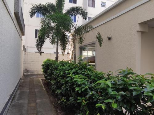 a building with a palm tree next to a sidewalk at Apartamento em Salvador in Salvador