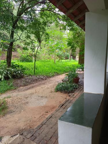 a view of a dirt road in a park with trees at Isai Ambalam guest house in Puducherry