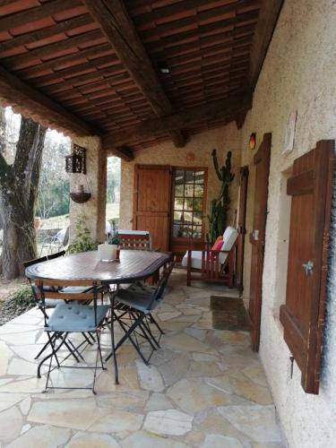 un patio avec une table et des chaises sur un porche dans l'établissement Gite lefevre a callian, à Callian