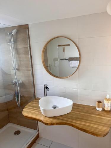 a bathroom with a white sink and a mirror at T2 L'Escale du Voyageur - Terrasse Jardin & Jacuzzi - Proche Aéroport in Sainte-Marie