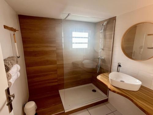 a bathroom with a shower and a sink and a mirror at T2 L'Escale du Voyageur - Terrasse Jardin & Jacuzzi - Proche Aéroport in Sainte-Marie
