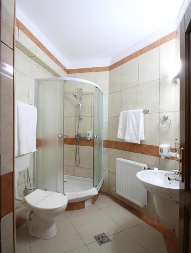 a bathroom with a shower and a toilet and a sink at Hotel Privighetoarea in Slobozia