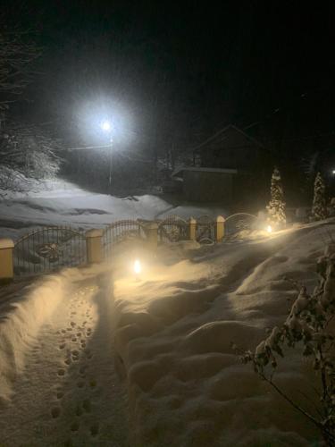 a snow covered street at night with a street light at Котедж in Podobovets