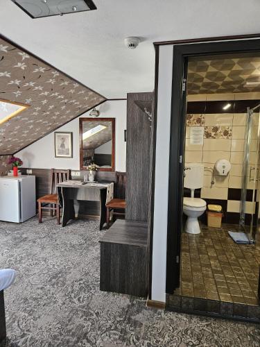 a room with a bathroom with a toilet and a table at Pensiunea Orizont in Fărcaşa
