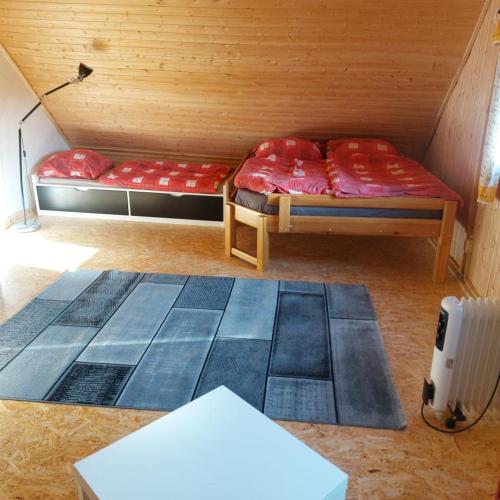 a room with two beds in a wooden room at Roubenky za Hurtovnou in Orlické Záhoří 
