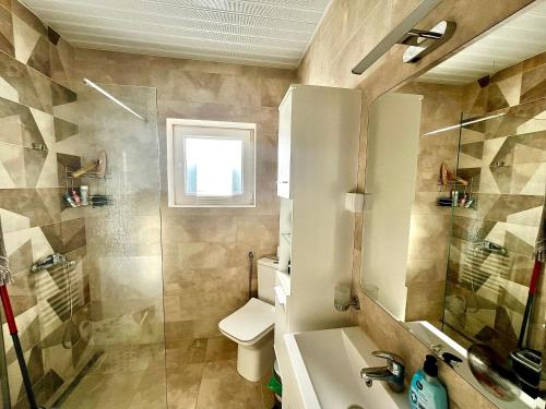 un bagno con doccia, lavandino e WC di Colibri Studio a Skopje