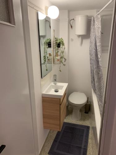 a bathroom with a sink and a toilet and a mirror at ALEX house in Athens