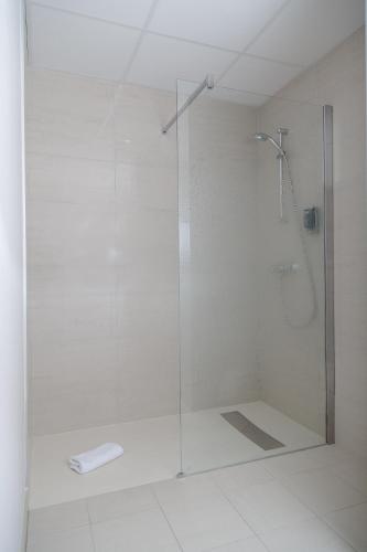 a shower with a glass door in a bathroom at Brit Hotel Toulouse Colomiers – L’Esplanade in Colomiers