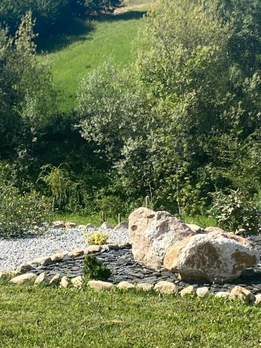 un jardin de rocaille avec un gros rocher dans l'herbe dans l'établissement Villa Loredana, à Saint-Germain-des-Prés