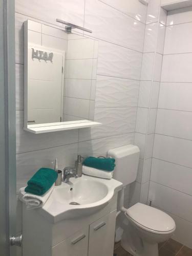 a bathroom with a sink and a toilet and a mirror at Apartman Savic 1 Centar in Bijeljina