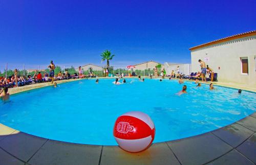 une grande piscine avec des gens dedans avec un ballon dans l'eau dans l'établissement Apparemment 4 personnes 449 les Jasses de Camargue, à Gallargues-le-Montueux