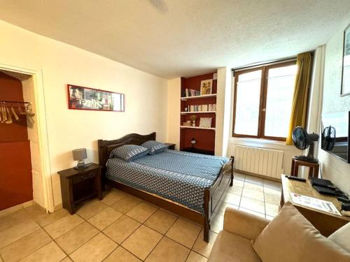 une chambre avec un lit, un canapé et une fenêtre dans l'établissement Le Rousseau Studio hyper centre, à Vienne