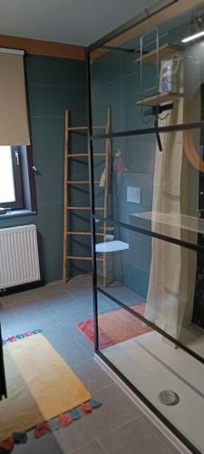 a room with a glass window with a shelf at Les roses d'Olga in Aubechies