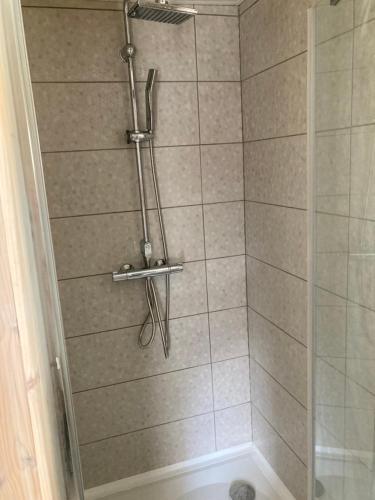 a shower with a glass door in a bathroom at Atostogu namelis in Anykščiai